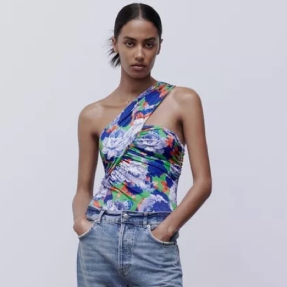 Zara Floral Asymmetrical Bodysuit Size Small NWT - Picture 2 of 16